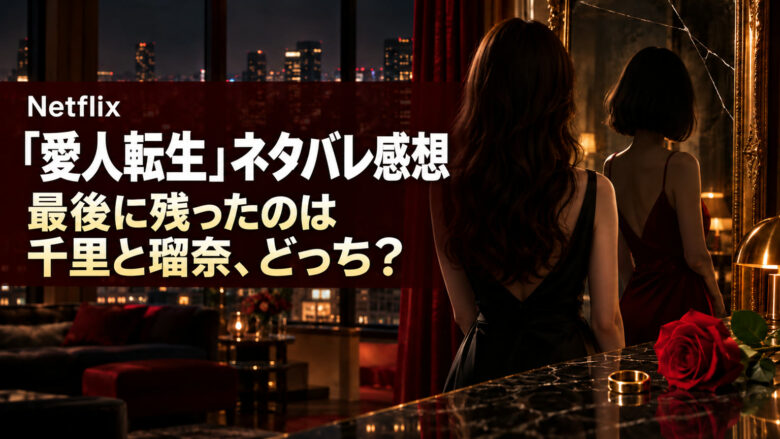 夜の高級マンションで鏡の前に立つ女性の後ろ姿と、鏡に映る別の女性。「愛人転生」ネタバレ感想、最後に残ったのは千里と瑠奈どっちかを問うアイキャッチ
