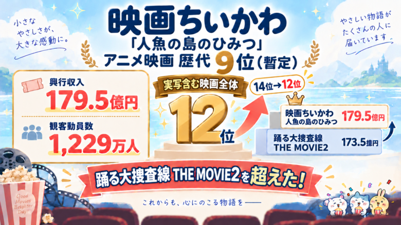 映画ちいかわはアニメ映画歴代9位、実写を含む映画全体で14位から12位へ上昇したことを示すランキング画像