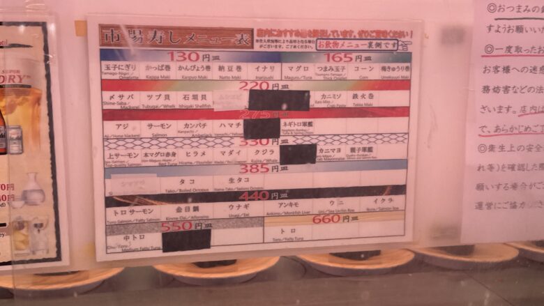 2026年10月6日に撮影した市場寿しの皿別メニュー表