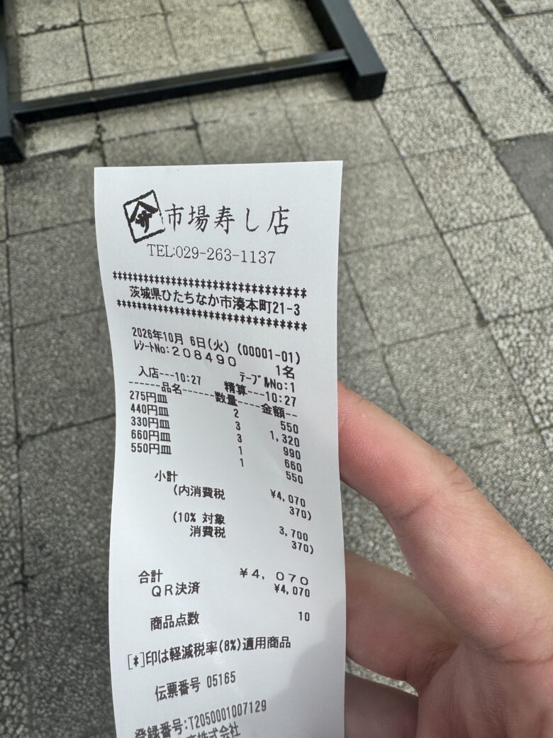 市場寿しで10皿合計4070円を支払った当日のレシート