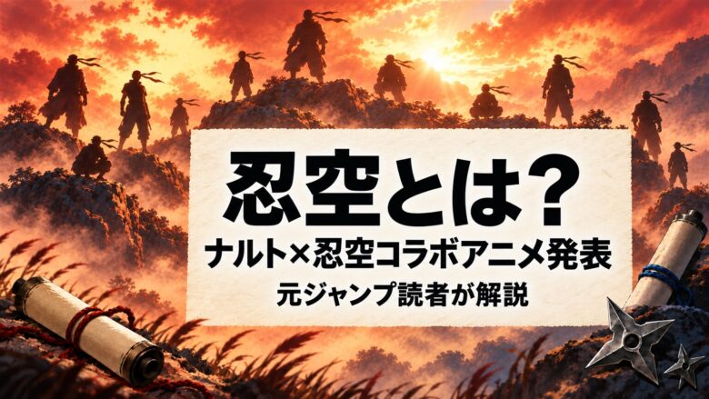 夕焼けの岩山に鉢巻をなびかせた戦士たちのシルエット。忍空とは？ナルト×忍空コラボアニメ発表のタイトル入りイメージ