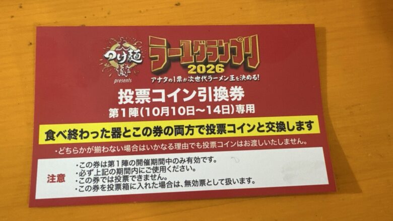 ラー1グランプリ2026 第1陣の投票コイン引換券