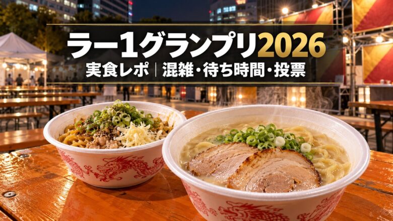夜のラーメンイベント会場を背景に鶏白湯とまぜそばを描いた、ラー1グランプリ2026実食レポのタイトル入りイメージ